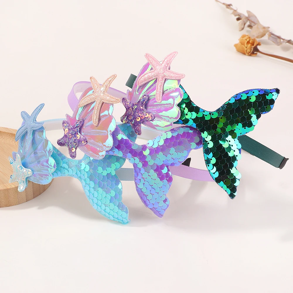 Diadema de sirena con lentejuelas y perlas arcoíris para niñas