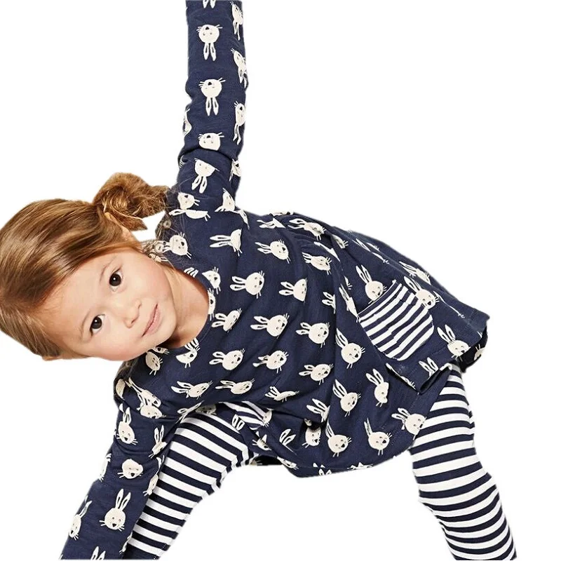 Vestido de algodón elástico para niñas – Manga larga con conejo azul - imagen 4