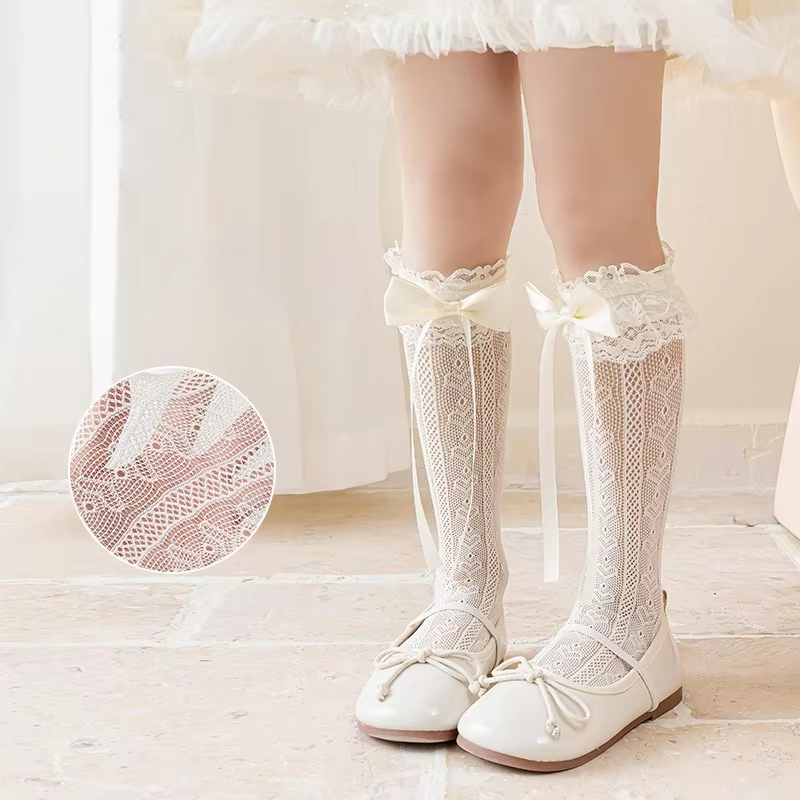 Medias altas de encaje para niñas con estilo ballet y lazo - imagen 2