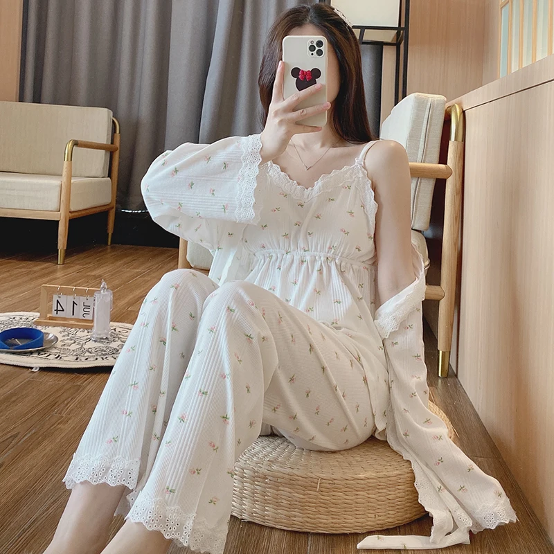 Pijama maternidad lactancia de algodón con encaje suave y cómodo - imagen 3