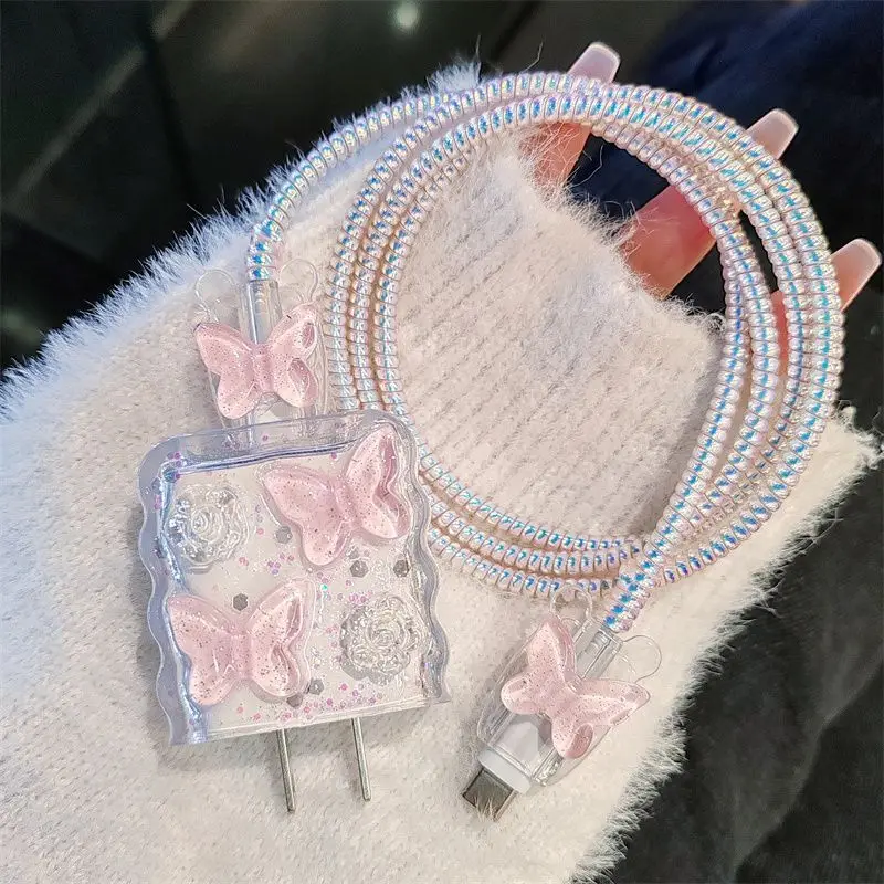 Protector de cable de carga rosa con mariposa de cristal y funda - imagen 5