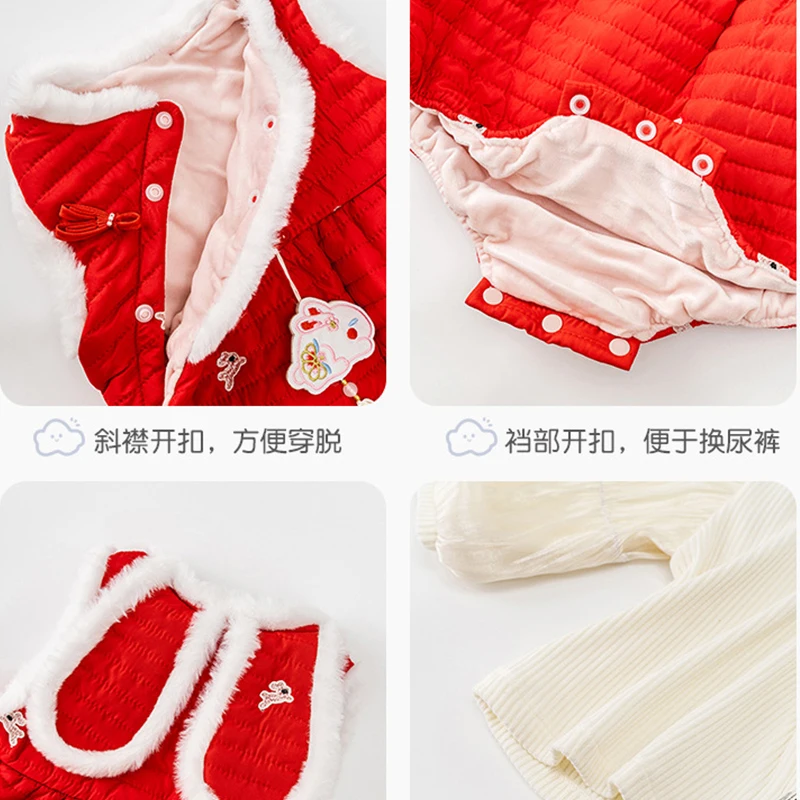 Pelele bebé niña invierno conjunto polar rojo estilo chino - imagen 4