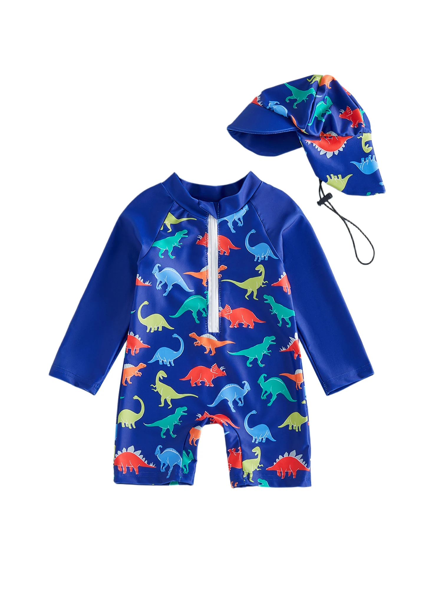 Traje de baño infantil con estampado de dinosaurios y gorro