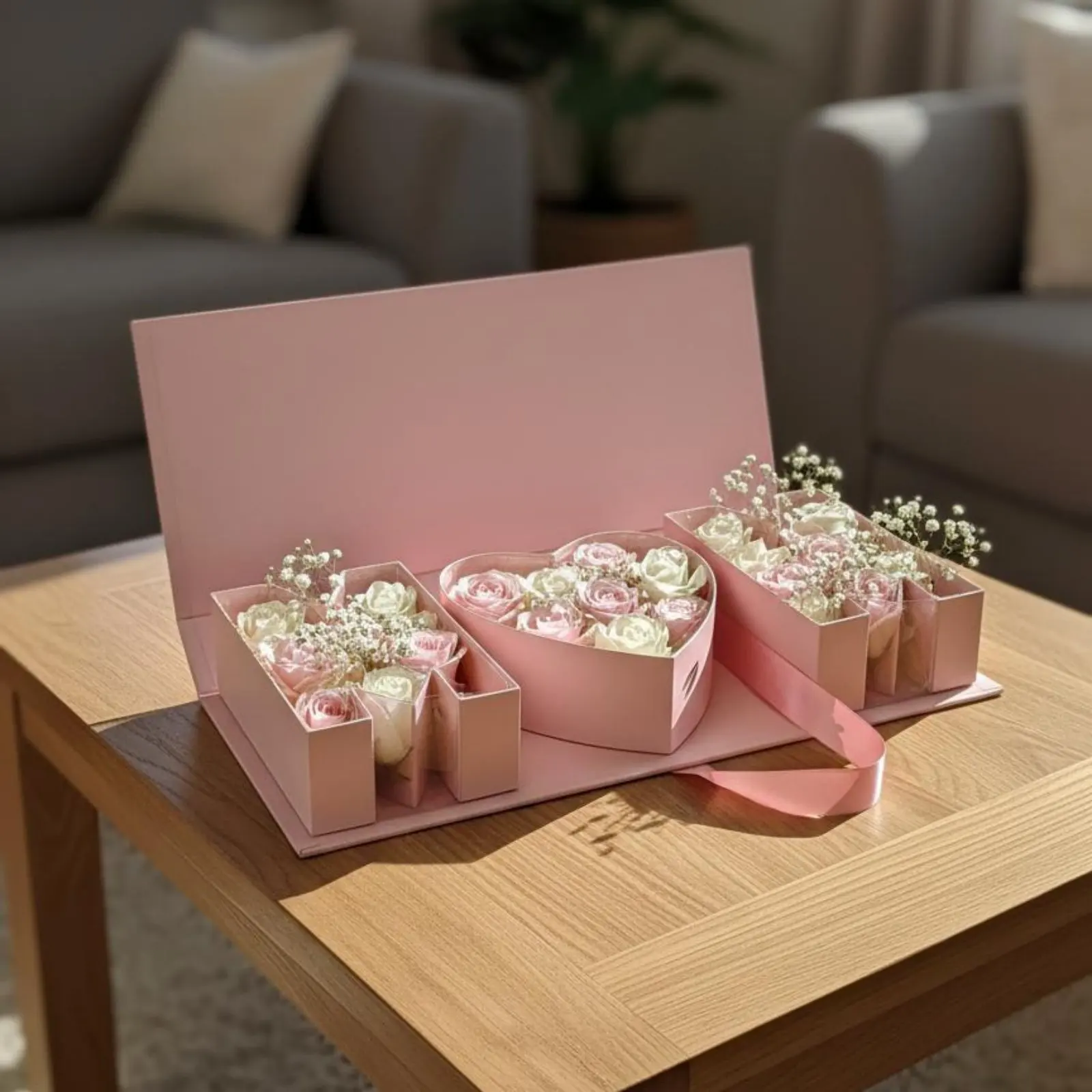 Caja de regalo para el Día de la Madre floral elegante con cinta