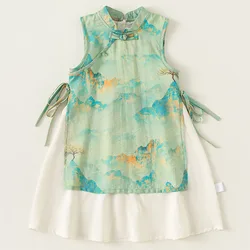 Vestido infantil niña verano estilo cheongsam de algodón sin mangas