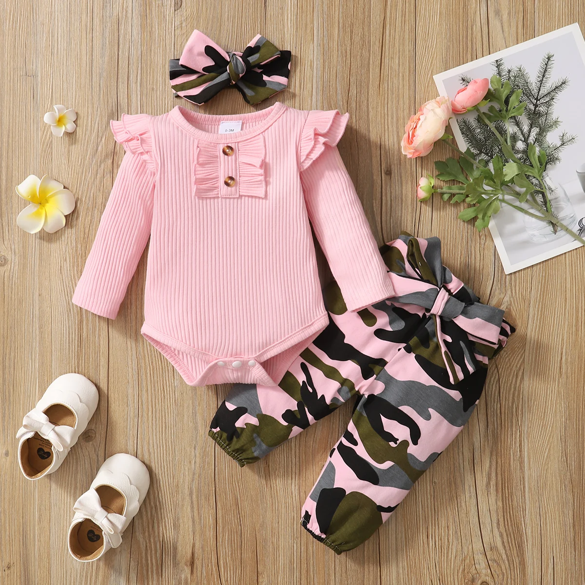 Conjunto camuflaje bebé niña: mono, pantalón y diadema de algodón