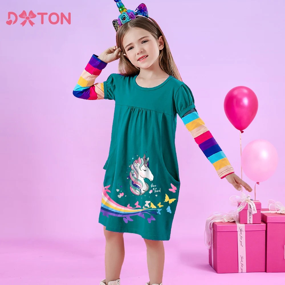 DXTON vestido unicornio de manga larga para niñas arcoíris - imagen 2