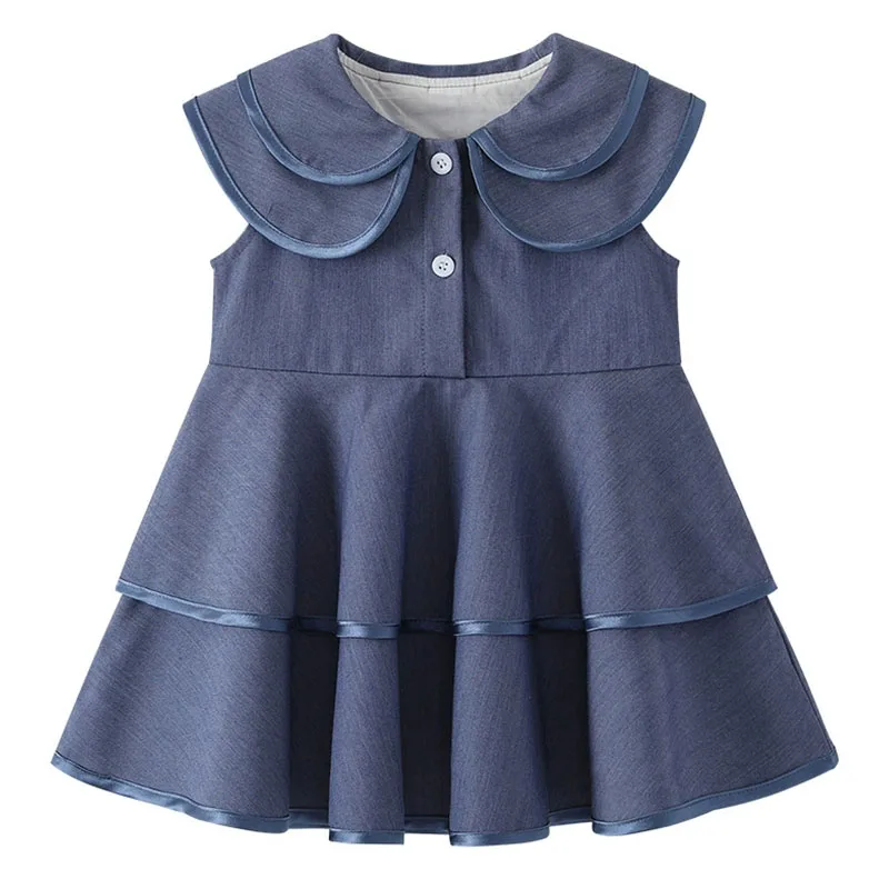 Vestido vaquero azul para niñas con cuello redondo estilo coreano