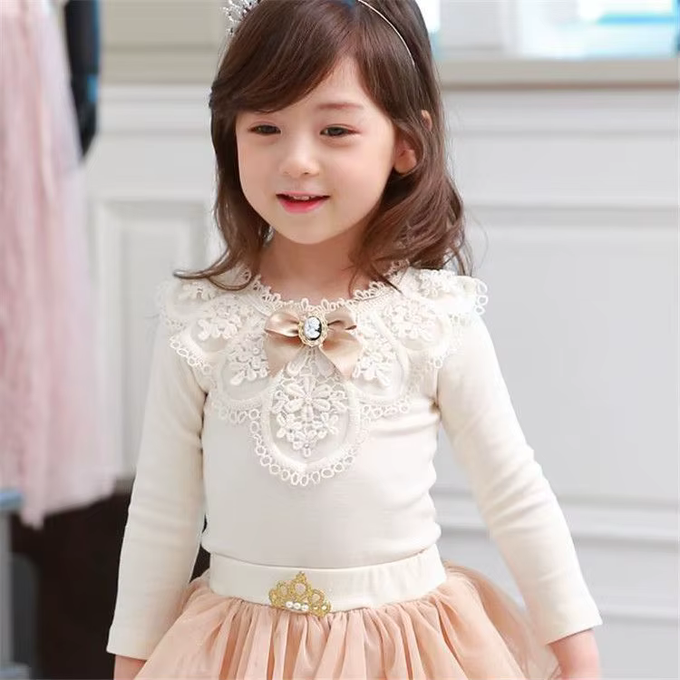 Blusa blanca manga larga con lazo encaje para niña escolar - imagen 5