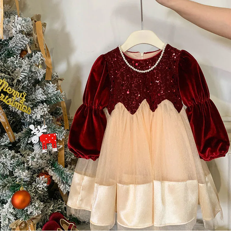 Vestido de terciopelo con lentejuelas y falda de tul para niña - imagen 5