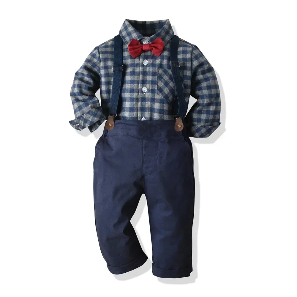 Conjunto otoño infantil: camisa a cuadros, tirantes y pajarita - imagen 3