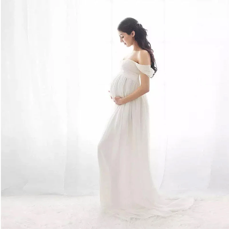 Vestido maternidad encaje largo elegante hombros descubiertos