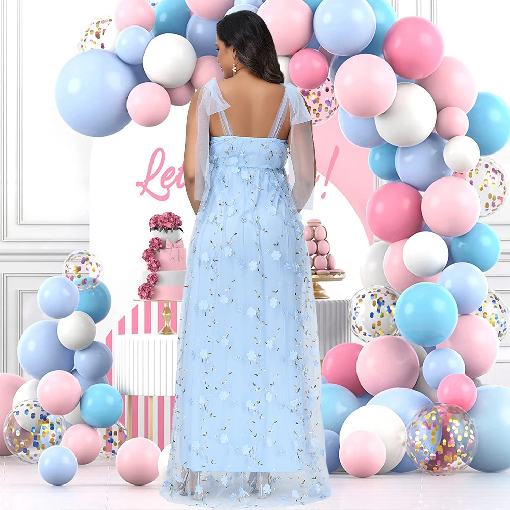Vestido premamá largo de tul bordado floral con tirantes - imagen 3