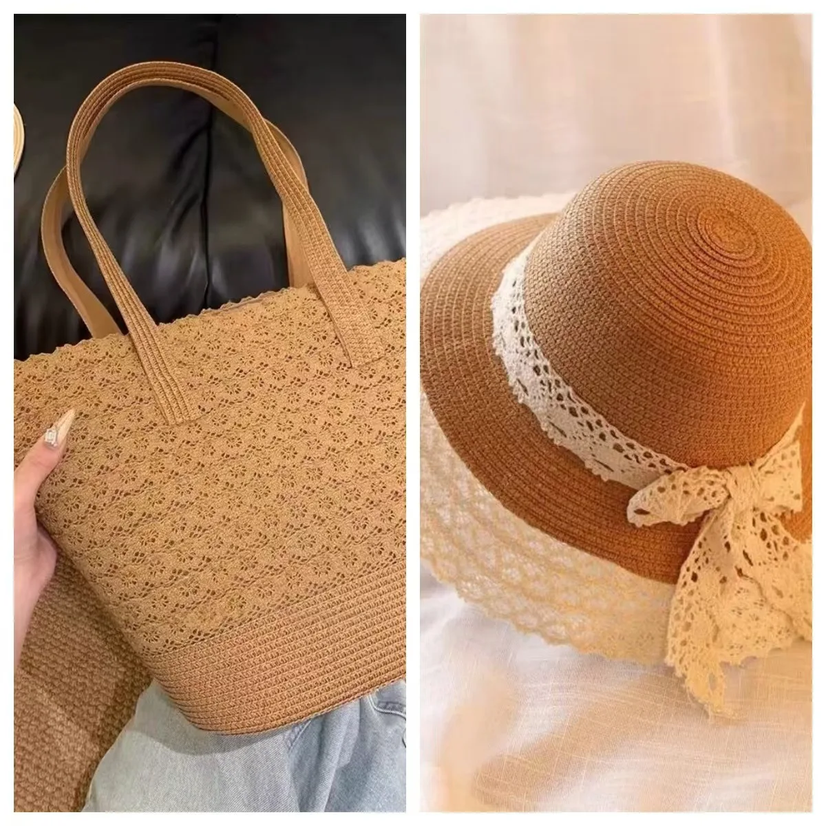 Bolso de paja con encaje y bandolera cruzada para playa