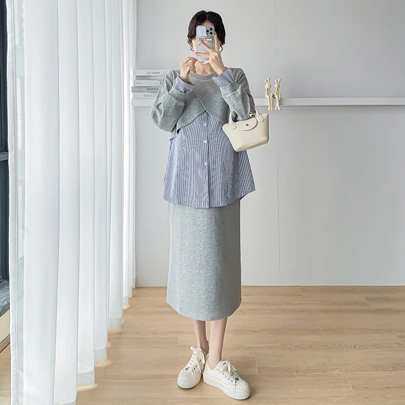Conjunto premamá sudadera con parches y falda elegante otoño estilo - imagen 2