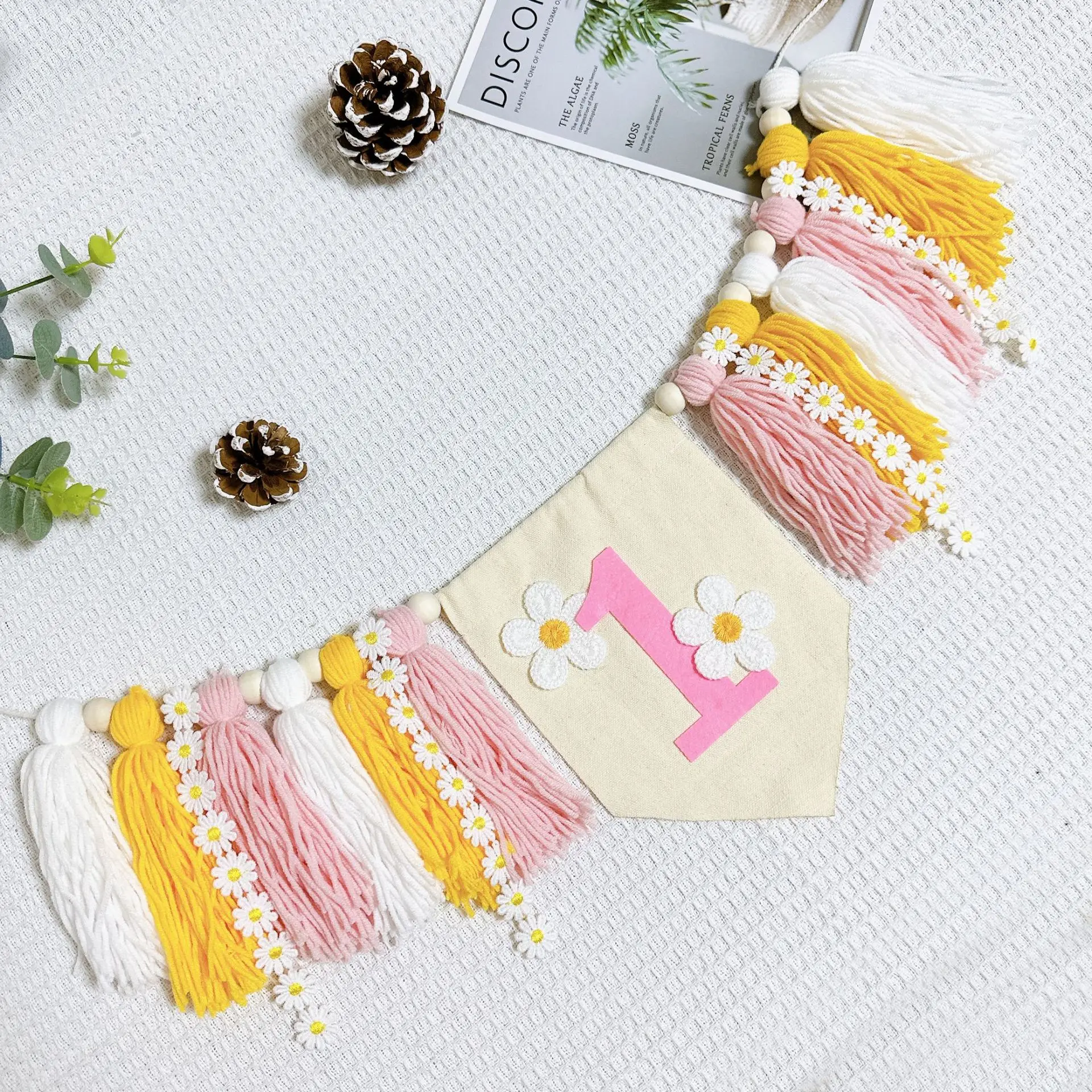 Daisy cartel primer cumpleaños - Pancarta con borlas para trona - imagen 3