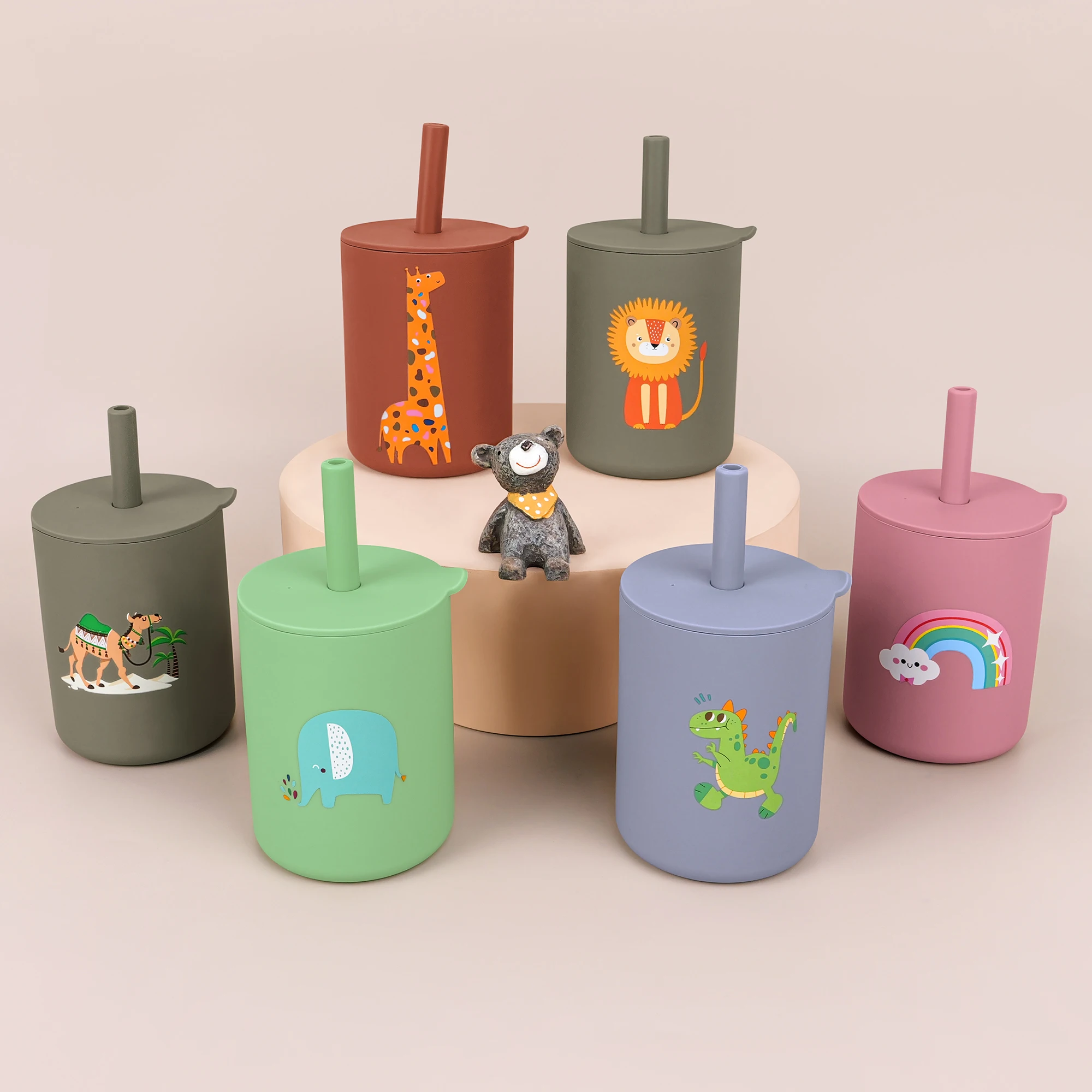 Vaso de silicona azul con pajita para bebé