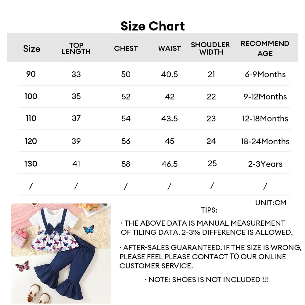 Conjunto infantil con top de manga corta estampado de mariposas y lazo, y pantalones azul oscuro