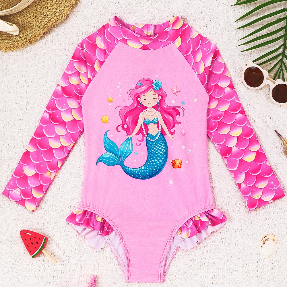 Bañador una pieza de niña con manga larga estilo sirena hawaiana