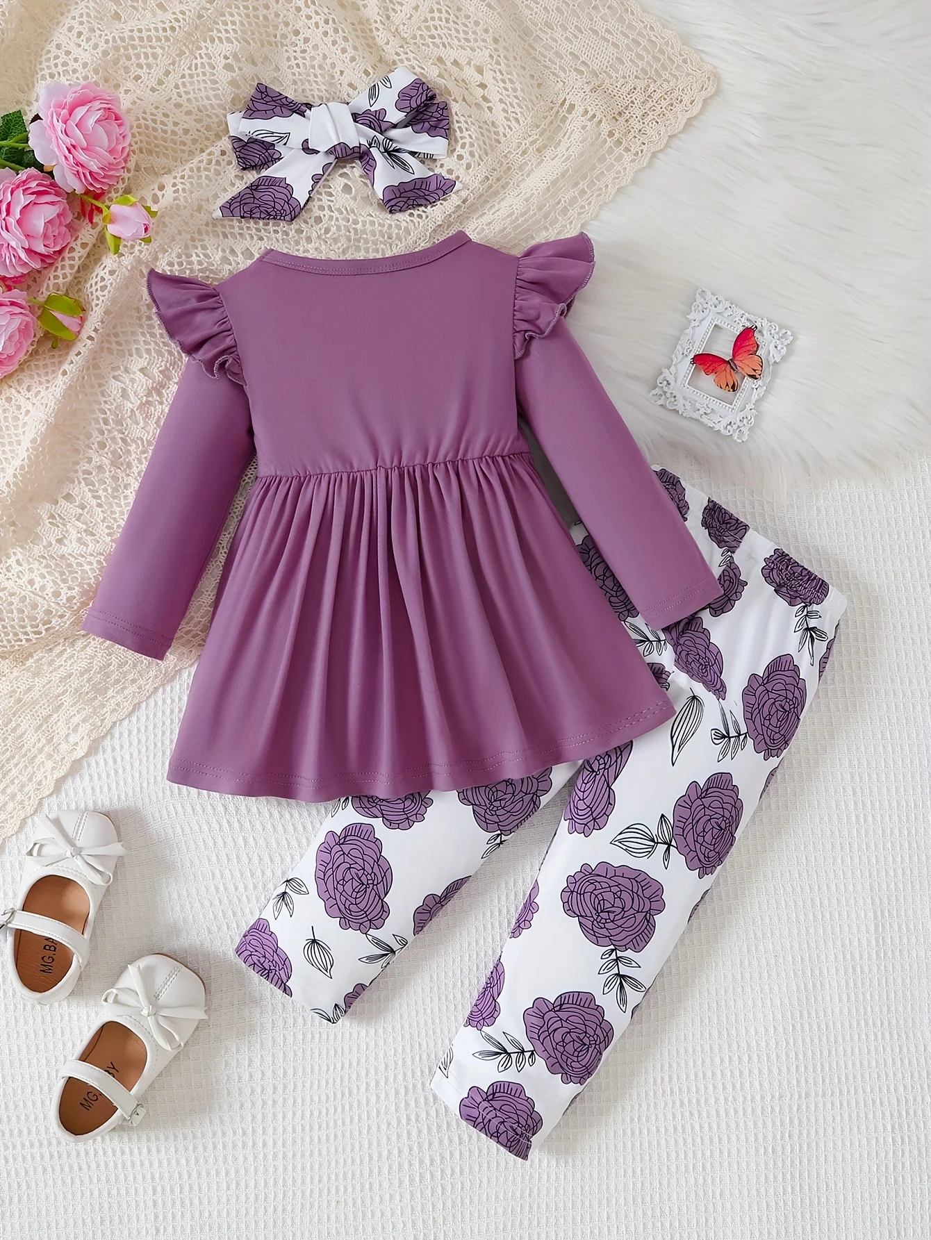 Conjunto bebé niña otoño manga larga lazo pantalón floral - imagen 2