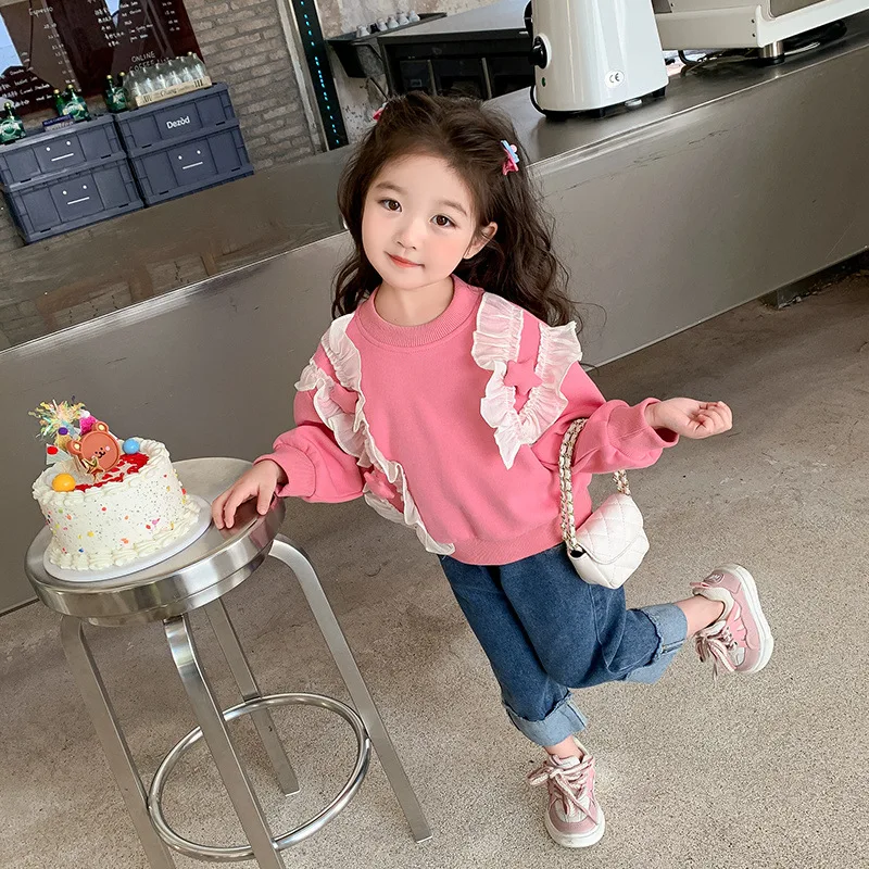 Sudadera de primavera para niña con cuello redondo y encaje fino - imagen 2