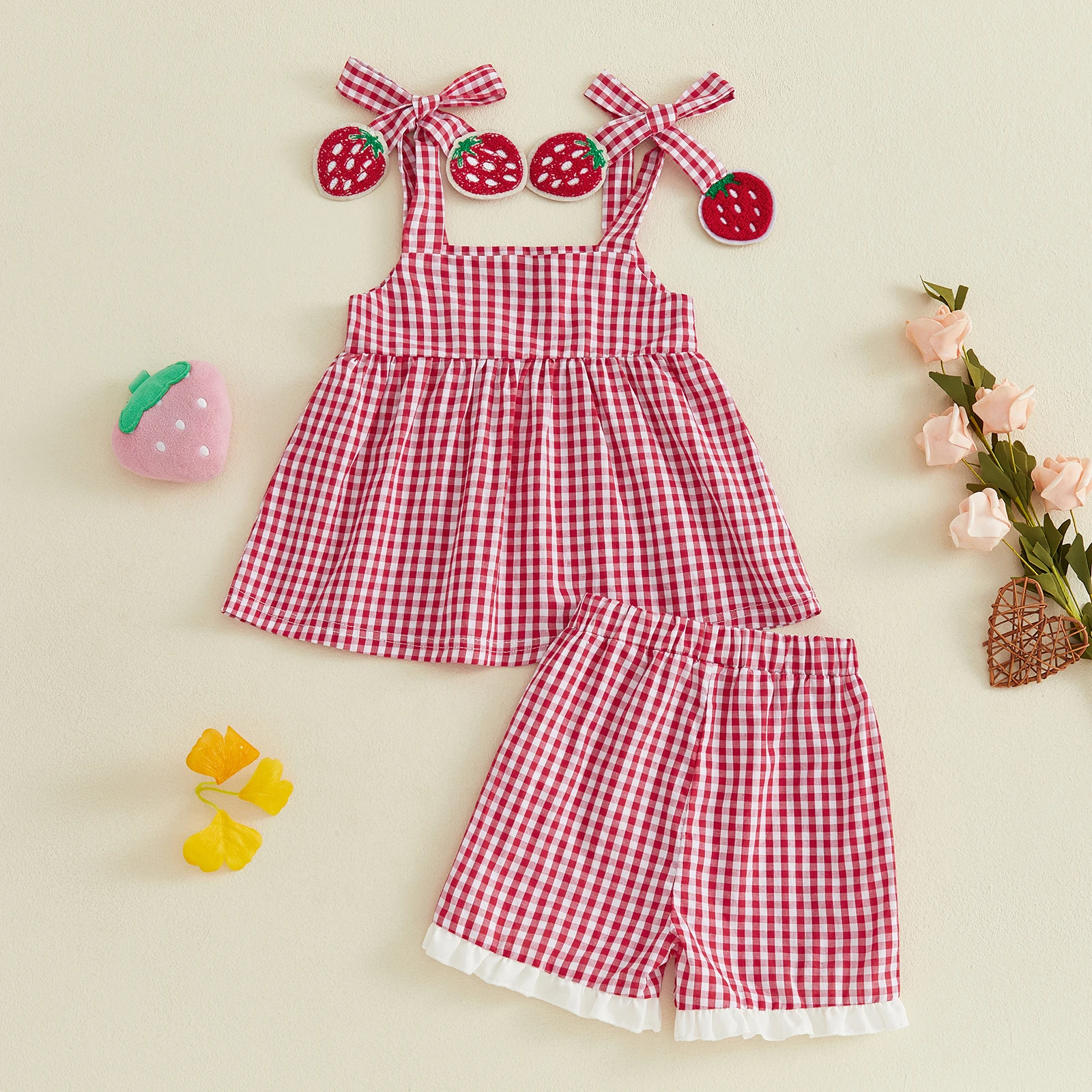 Conjunto verano bebé niña cuadros sin mangas y pantalón corto volantes - imagen 3