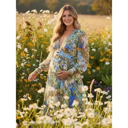 Vestido maxi boho floral de manga larga para sesión fotos embarazo