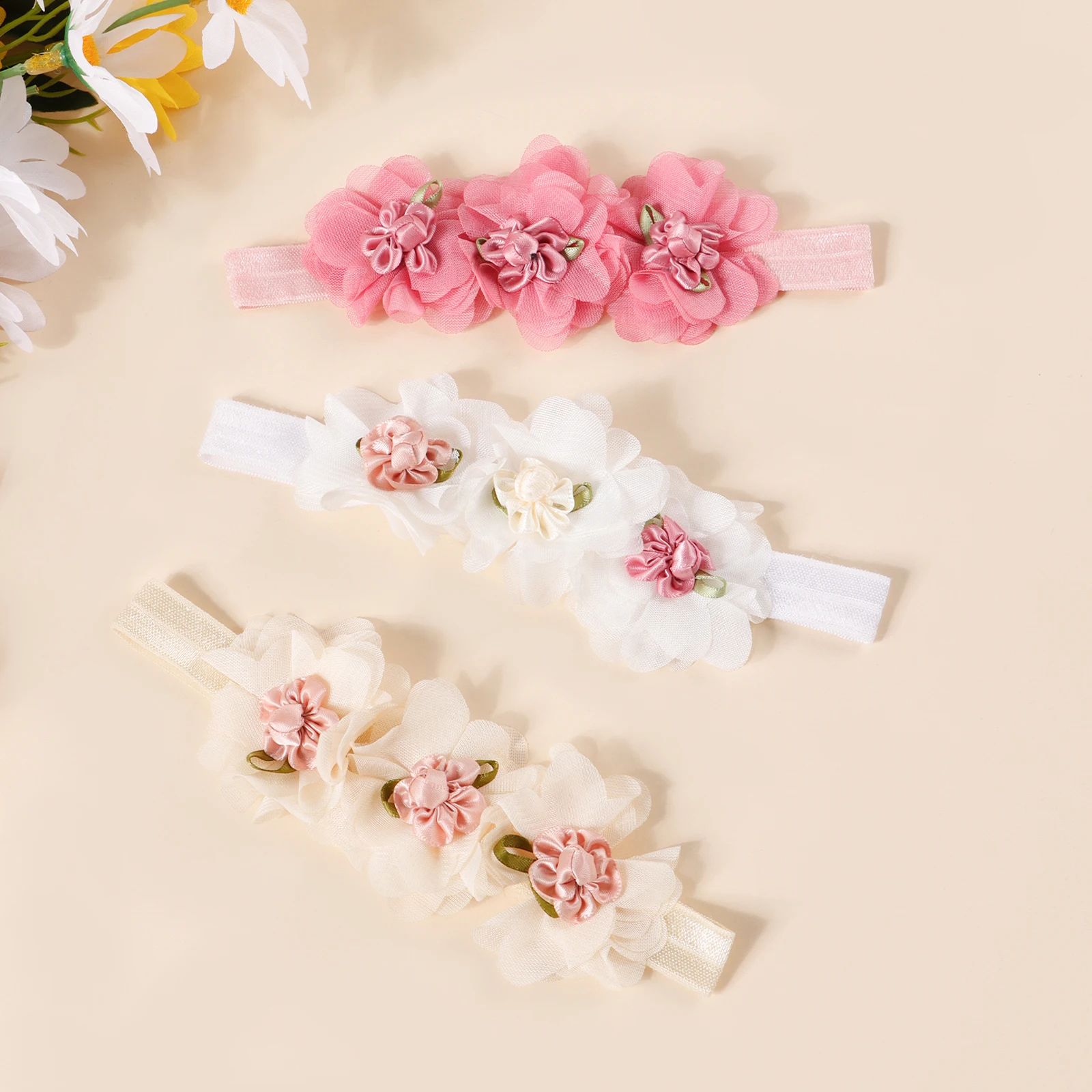 Diadema bebé de nailon suave con flores de gasa para niña - imagen 5