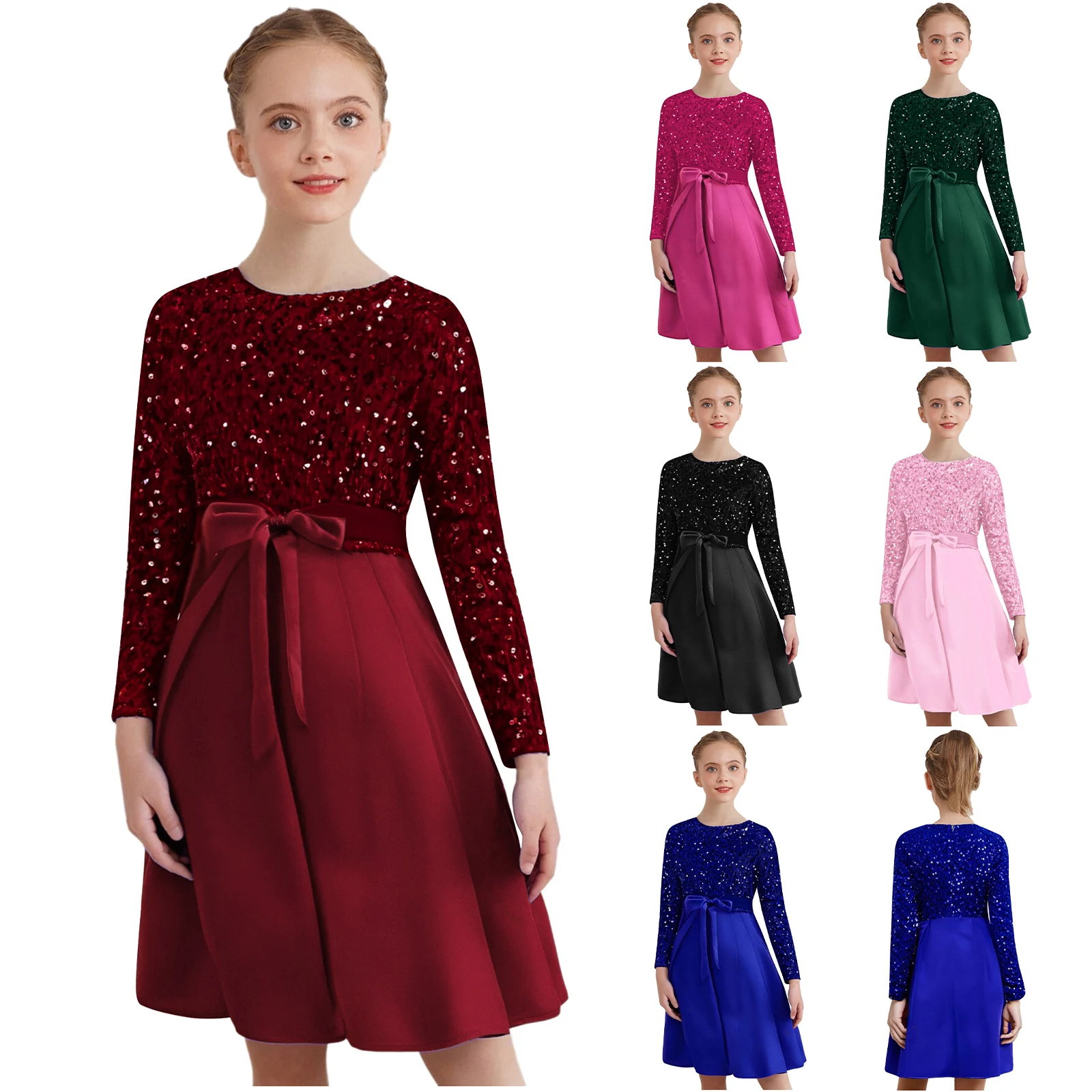 Vestido plisado floral para niña con cinturón y lentejuelas Navidad - imagen 3