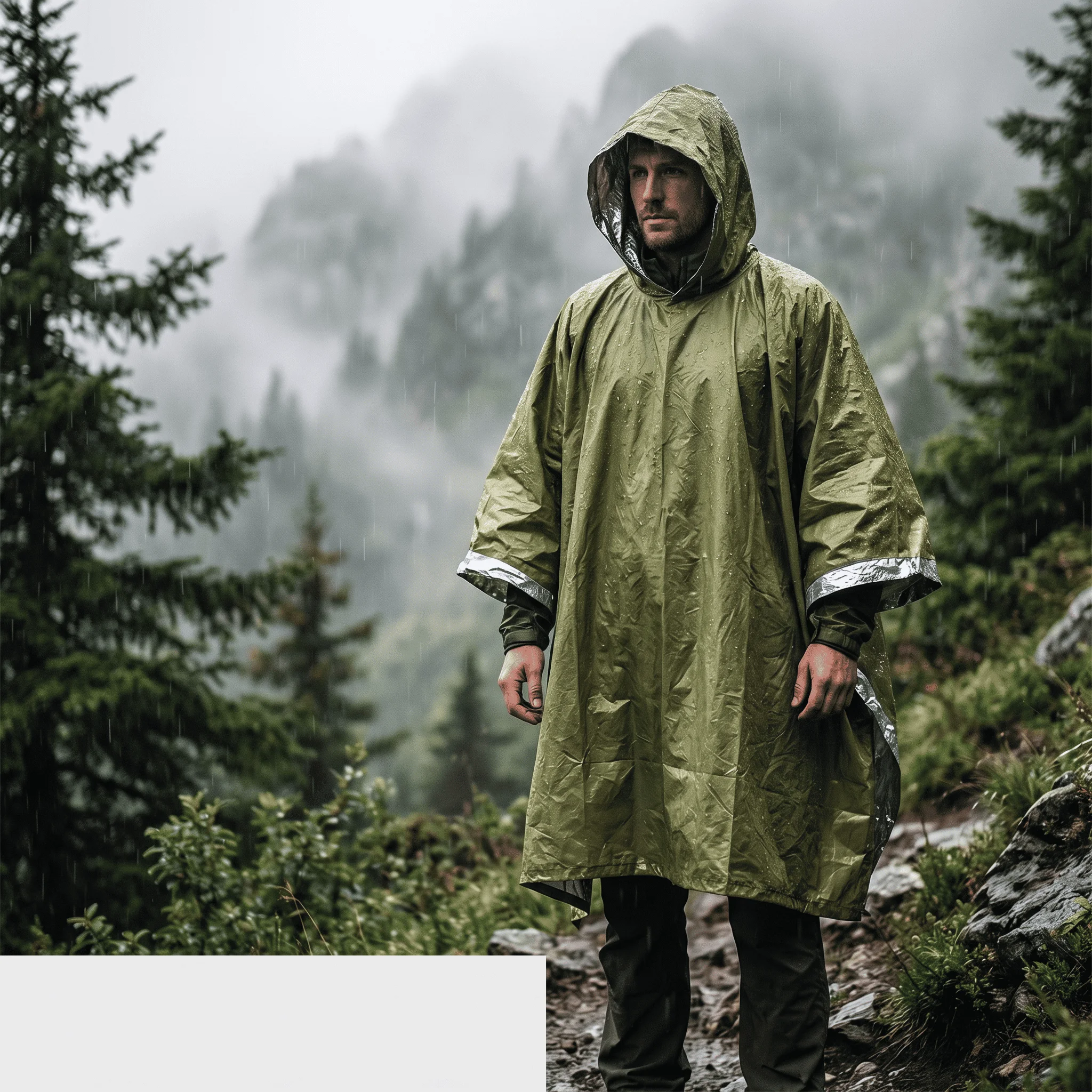 Impermeable con capucha verde oliva para lluvia - imagen 2