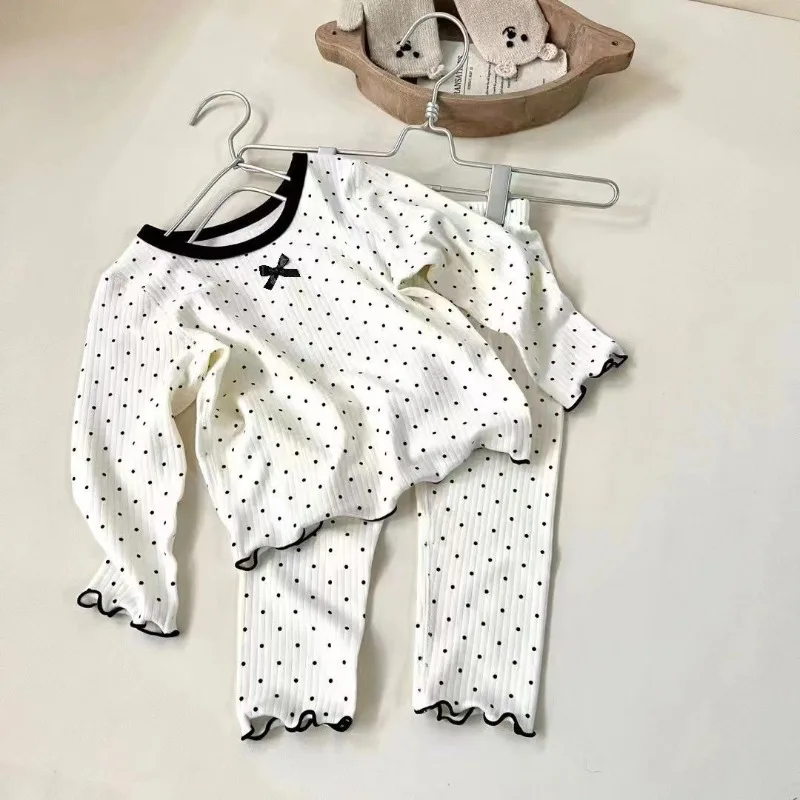 Pijama infantil de algodón suave coreano con lazo puntos negros - imagen 3