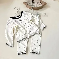 Pijama infantil de algodón suave coreano con lazo puntos negros