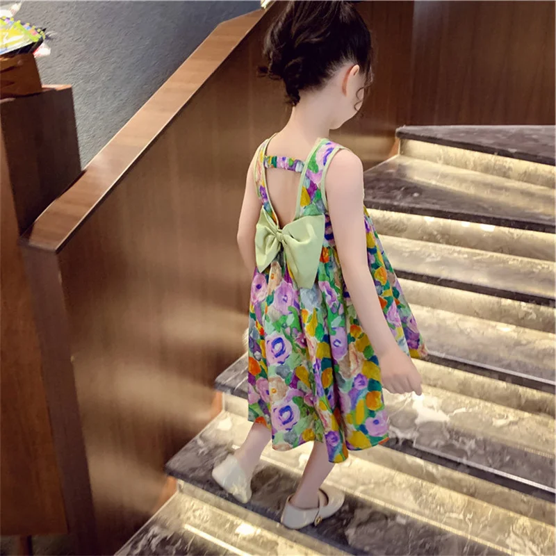 Vestido de verano floral para niñas con lazo y falda sin mangas - imagen 3