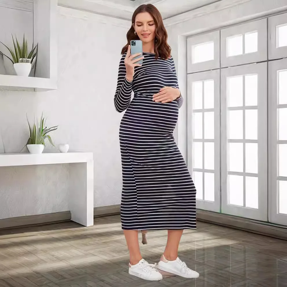 Vestido maternidad elegante a rayas con dobladillo dividido - imagen 2