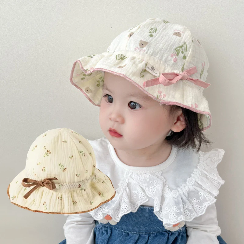 Gorro de muselina niña lazos princesa floral, ideal para el sol - imagen 5