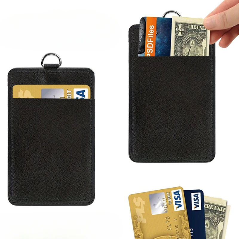 Portatarlas negro PU con cordón y clip para tarjetas