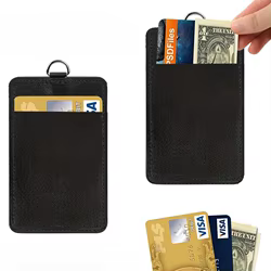 Portatarlas negro PU con cordón y clip para tarjetas