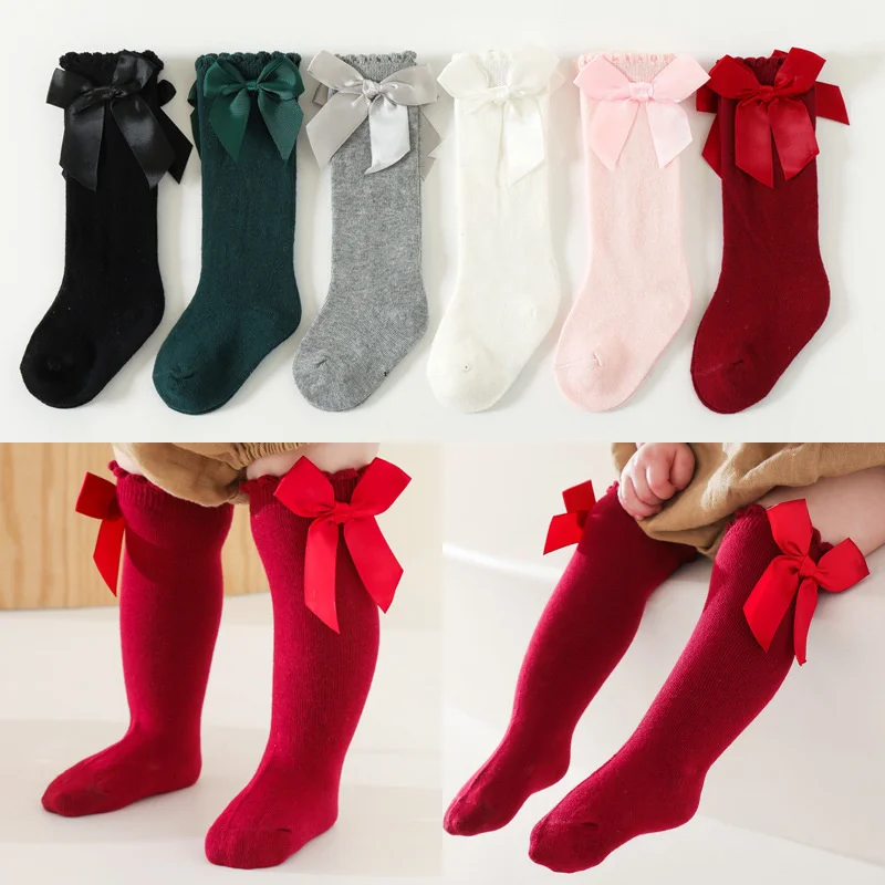 Calcetines hasta la rodilla bebé suaves de algodón con lazo elegante - imagen 5