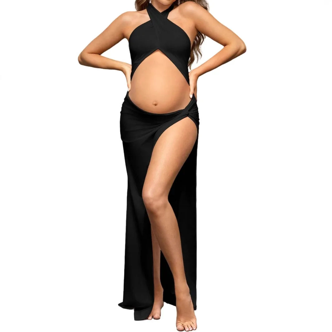 Vestido premamá fino liso con cuello cruzado y corte ajustado - imagen 2