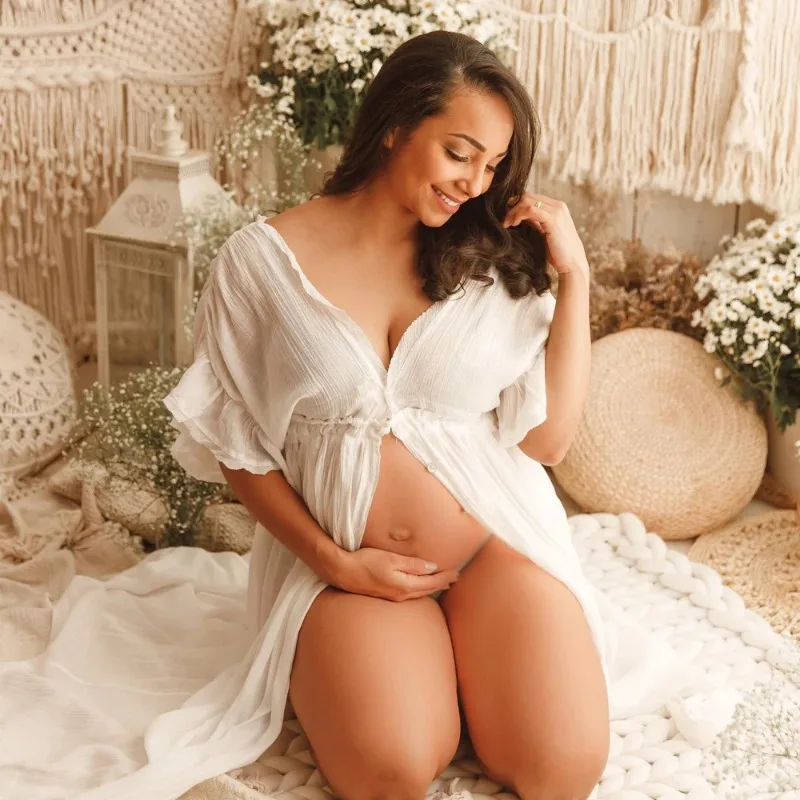 Vestido de embarazo en lino y algodón con cordón cintura - imagen 3