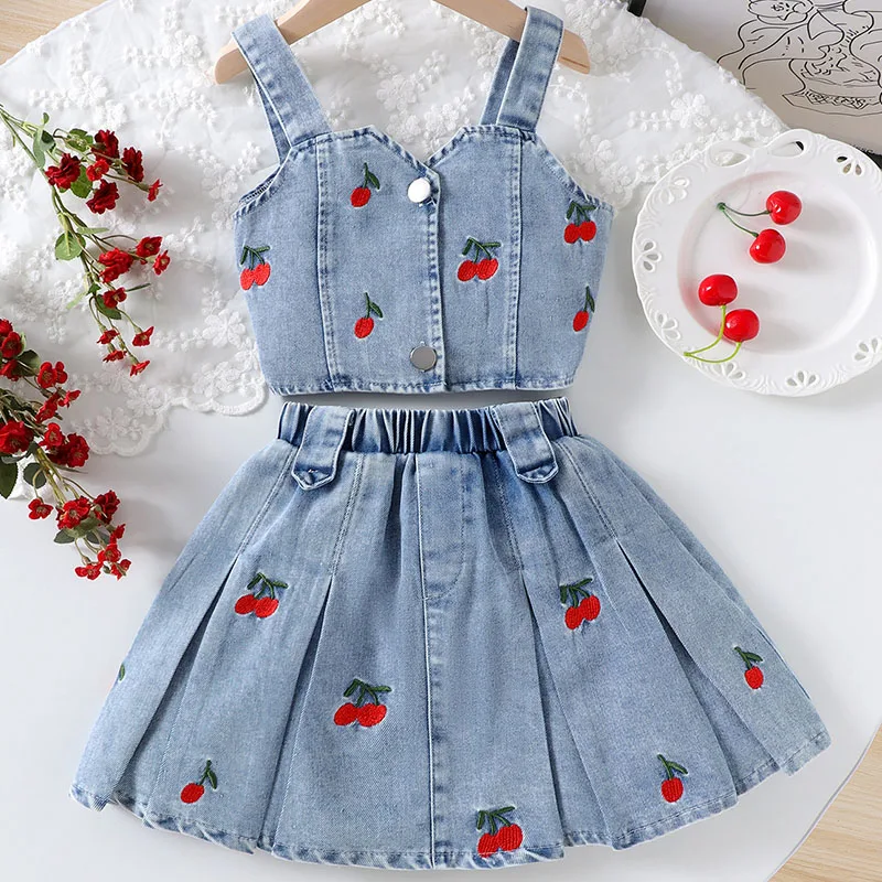 Ropa de verano vaquero cereza para bebé – Top azul falda