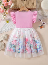 Vestido floral de malla de retales para niña – Princesa volantes