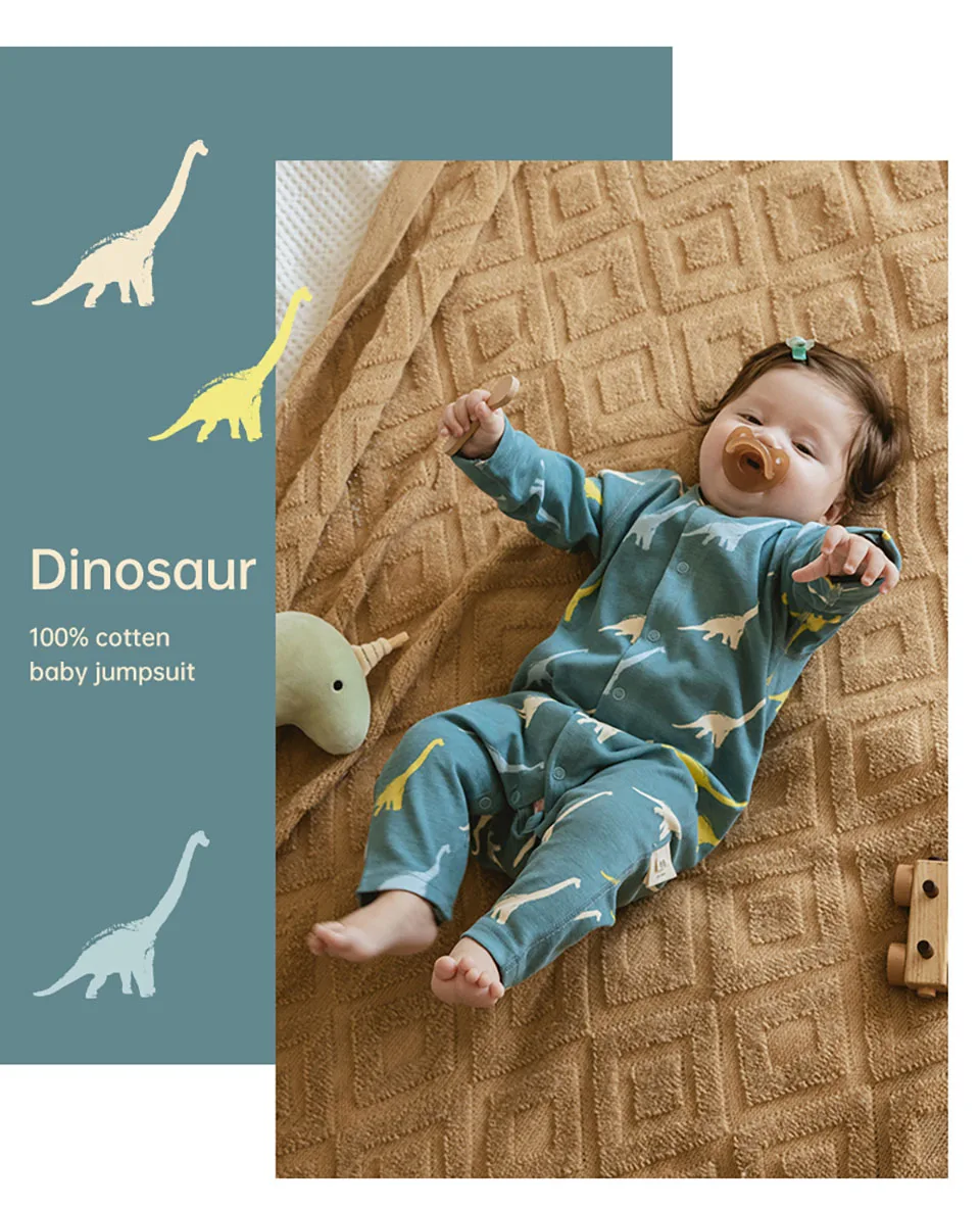 Pelele de bebé dinosaurio verde en algodón