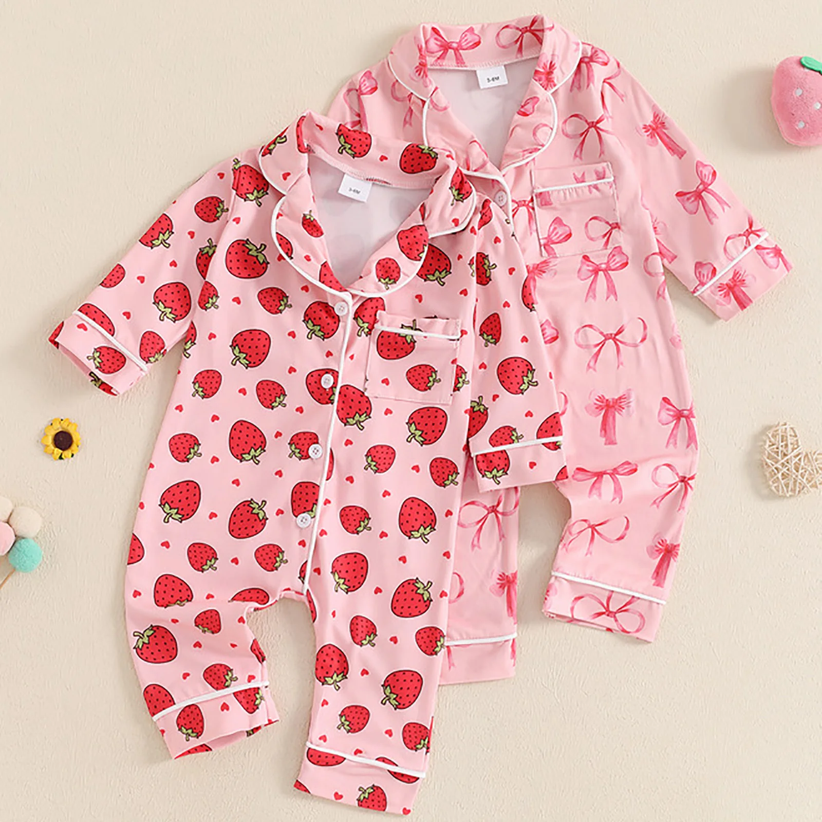 Pijama mono infantil niña estampado fresa con lazo y botones - imagen 2