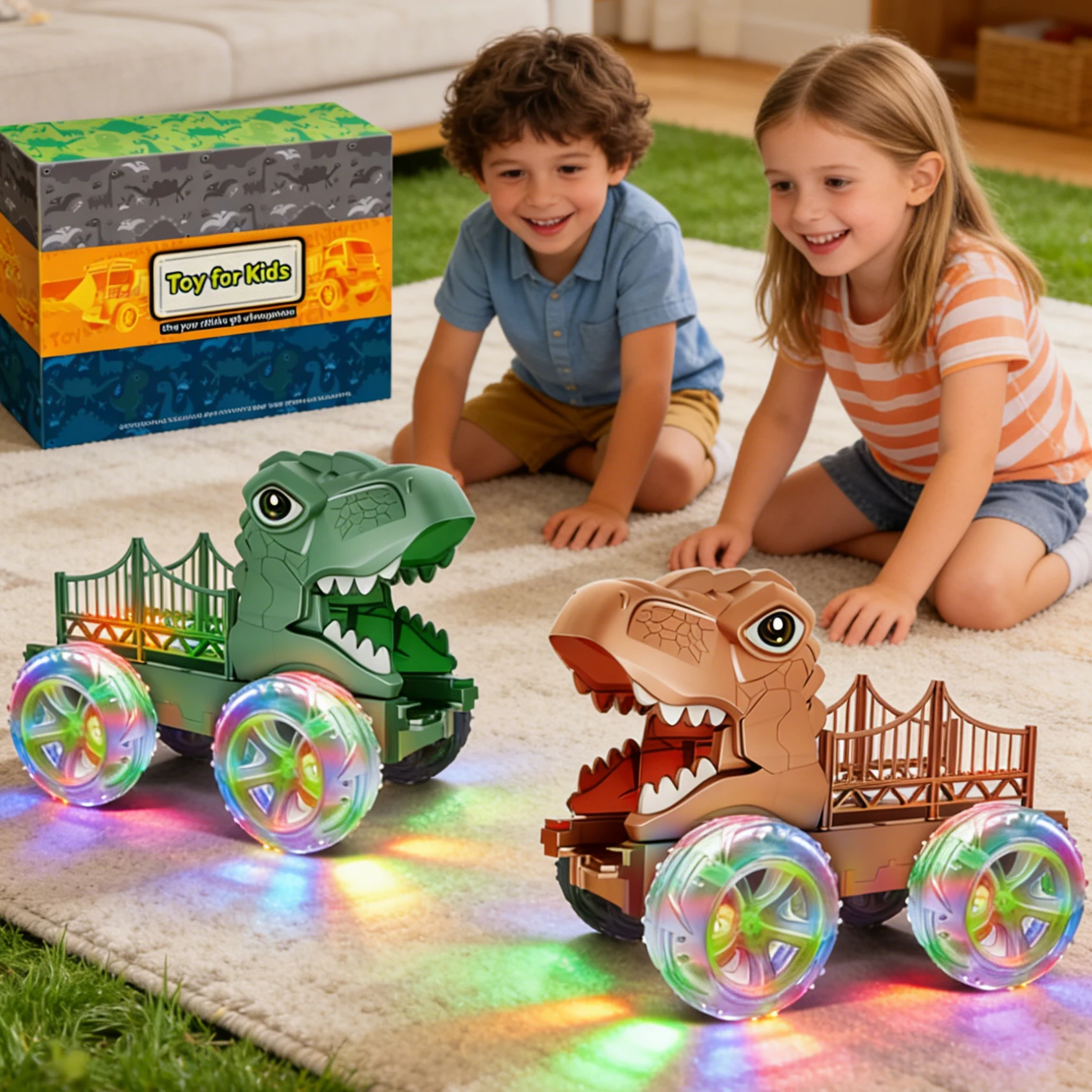 Coche dinosaurio con luces LED en las ruedas