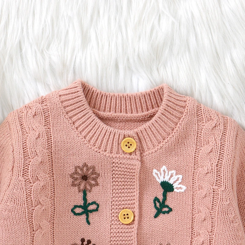 Cárdigan tejido para bebé con bordado floral – Ideal para otoño invierno