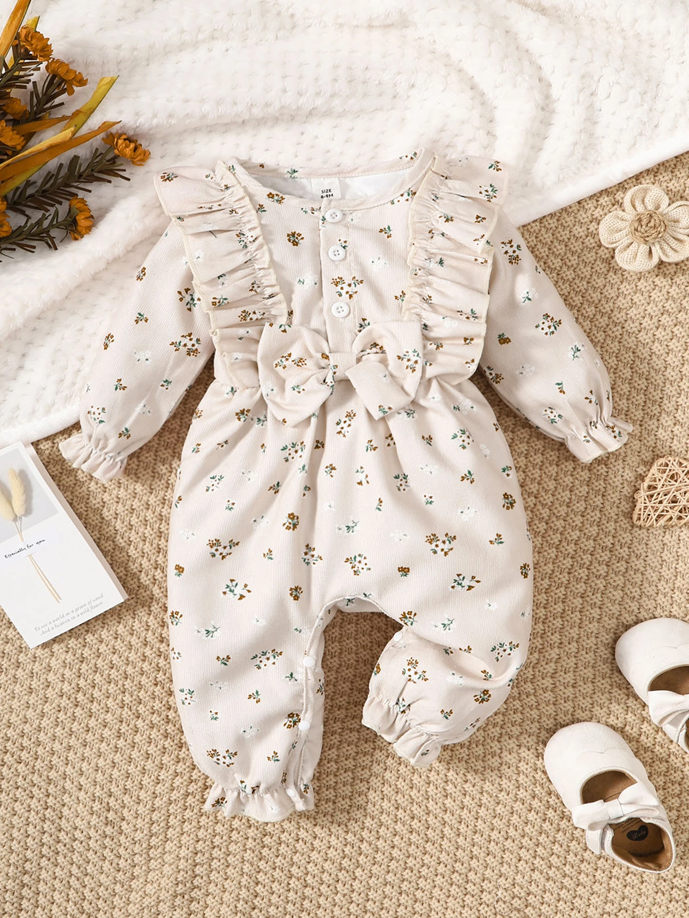 Body floral manga larga para niña pequeña con volantes – 3-24 meses