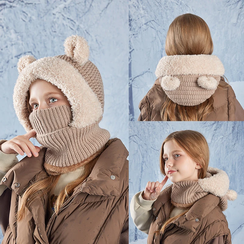 Gorro y bufanda de invierno con máscara de oso – Terciopelo para niño - imagen 4