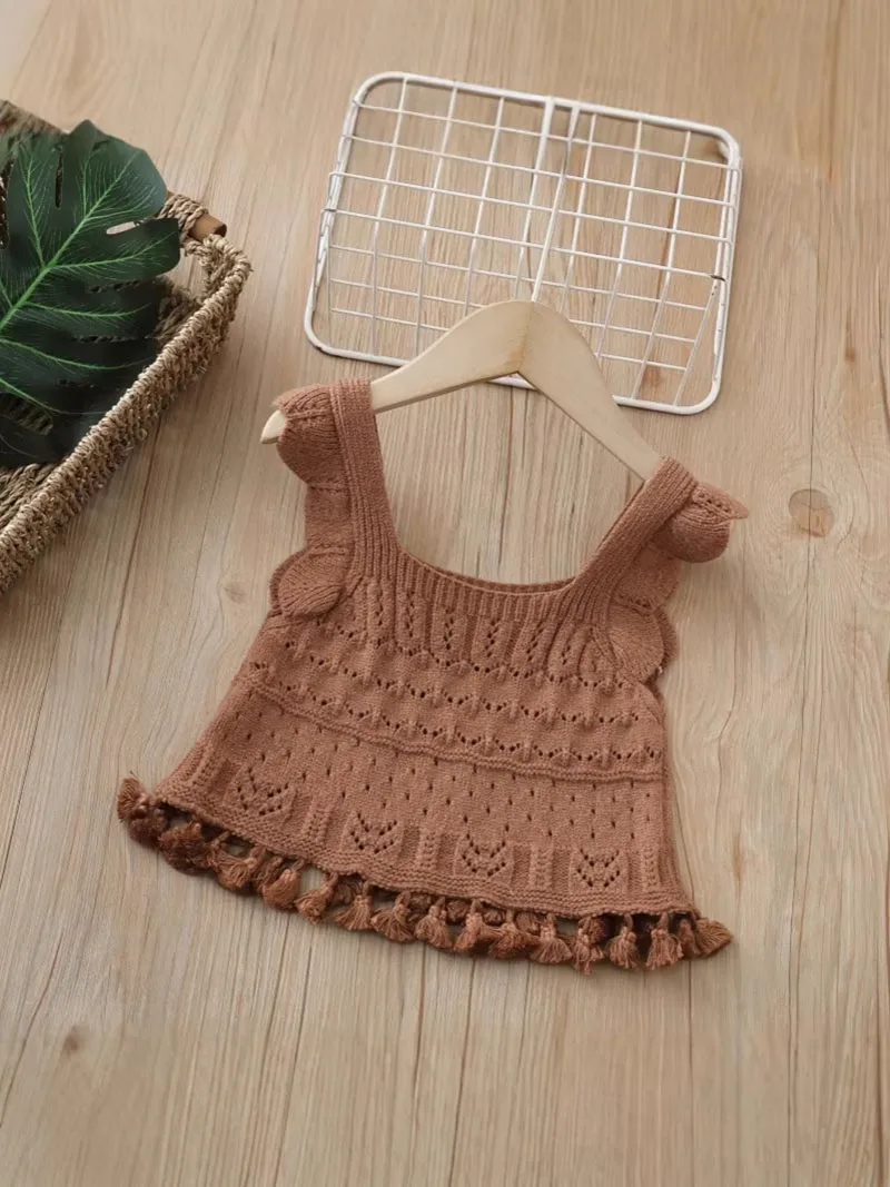 Chaleco de punto calado con borlas para niña, sin mangas - imagen 3