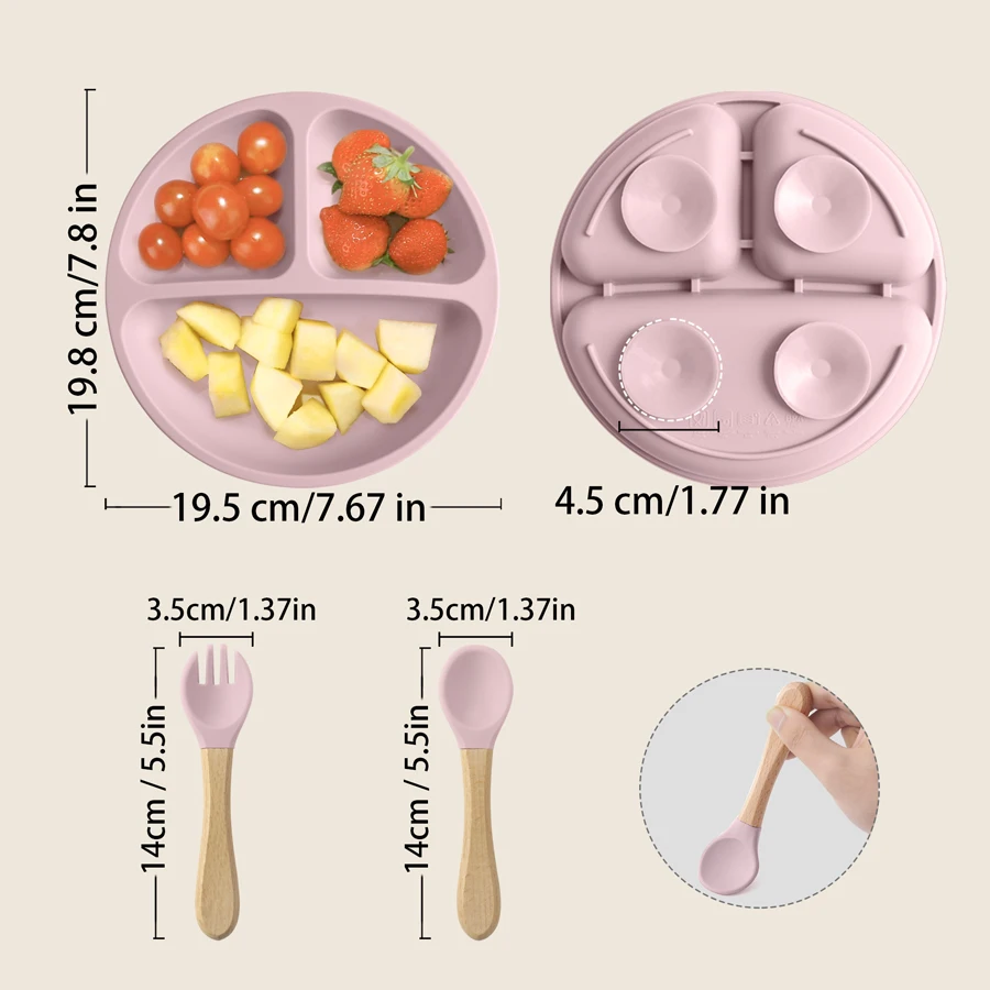 Vajilla infantil de silicona con mango de madera - Plato y cubiertos - imagen 3